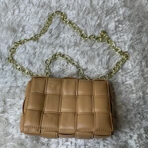 Camel Tan Woven Box Shaped Cross Body Bag 9 x 6 x 2.5"